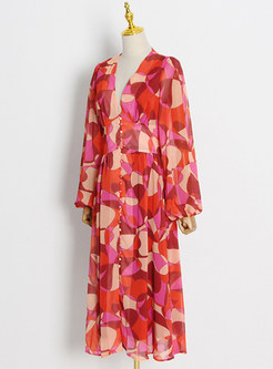 Deep V-Neck Allover Print Blouson Sleeve Beach Long Dresses