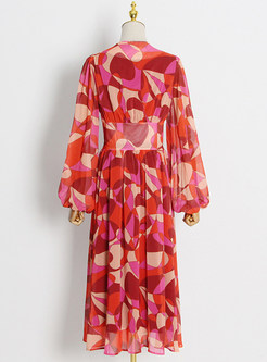 Deep V-Neck Allover Print Blouson Sleeve Beach Long Dresses