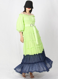 Off-The-Shoulder Half Sleeve Color-Blocked Pleated Layer Frill Dresses