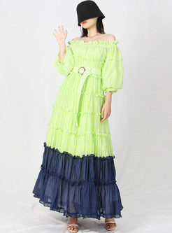 Off-The-Shoulder Half Sleeve Color-Blocked Pleated Layer Frill Dresses