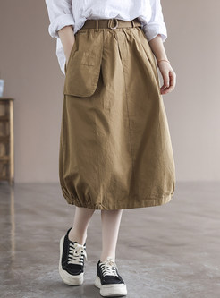 Solid Color Cotton Elastic Hem Midi Skirts For Women