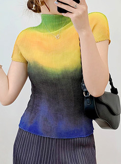 Womens Mock Neck Gradient Short Sleeve Fitted Summer Tops