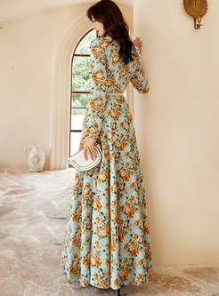 Vintage Long Sleeve Floral Print Maxi Prom Dress