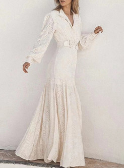 Elegant Long Sleeve Wrap Waist Wedding Prom Dress