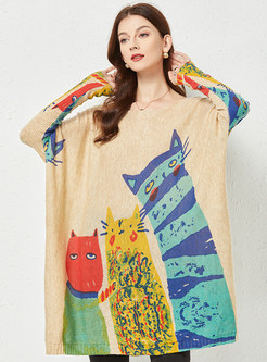 Women Cat Print Loose Sweater