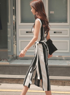 Sleeveless Wrap Waist Stripe Dress