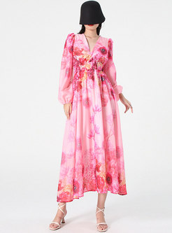 V-Neck Blurred Floral Lantern Sleeve Maxi Dresses