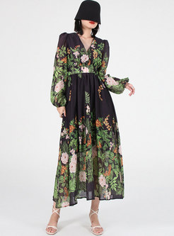 V-Neck Blurred Floral Lantern Sleeve Maxi Dresses