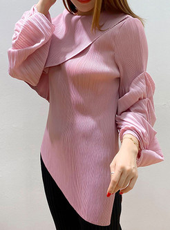 Collared Pleated Pullovers Blouson Sleeve Dressy Tops For Women