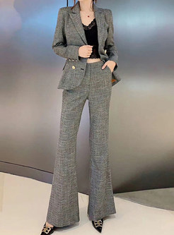 Houndstooth Double-Breasted Design Flare Pant Suits
