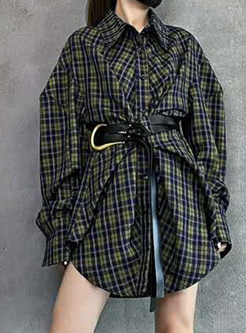 Vintage Plaid Blouson Sleeve Oversized Blouses For Women