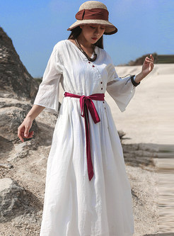 Ethnic V-Neck Tie Waist Long Cotton Dresses