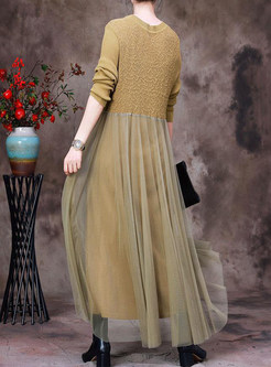 Crewneck Mesh Patch Long Knitted Dresses