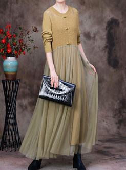 Crewneck Mesh Patch Long Knitted Dresses