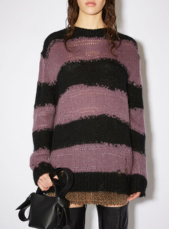 Women Long Sleeve Stripe Casual Sweater