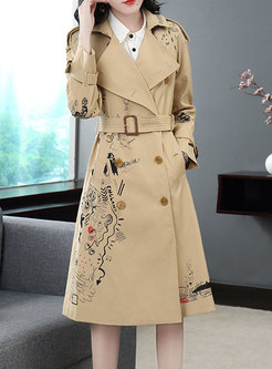 Women Double Breasted Print Trench Coat