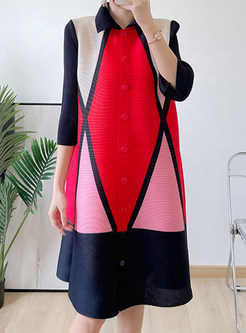 Color Contrast Turn-Down Collar Single-Breasted Oversize Dresses