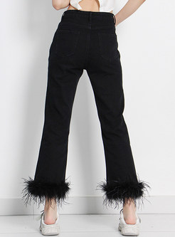 Fitted Feather-Trimmed Cropped Pants