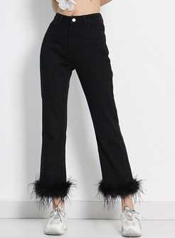 Fitted Feather-Trimmed Cropped Pants
