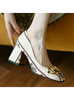 Low-Fronted Patterned Splicing Block Heel Women Shoes