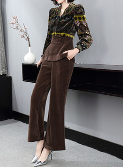 Women Autumn Print Suede Pant Suit