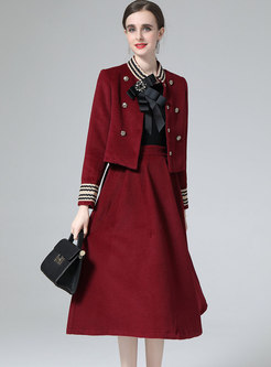 Women Bow Tie Neck Wool Short Coat & Wool Midi Skirt Suit
