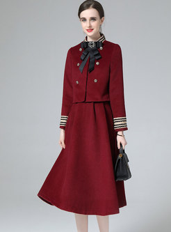 Women Bow Tie Neck Wool Short Coat & Wool Midi Skirt Suit