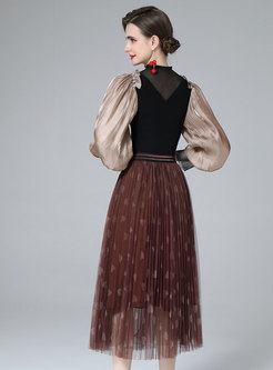 Women Long Sleeve Knit Top & Mesh Long Skirt Suit