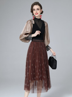 Women Long Sleeve Knit Top & Mesh Long Skirt Suit