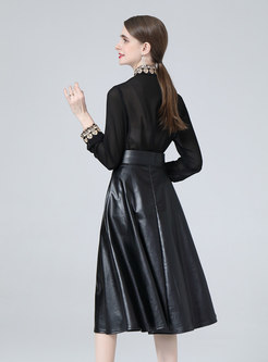 Women's Long Sleeve Blouse & PU A-line Skirt Suit