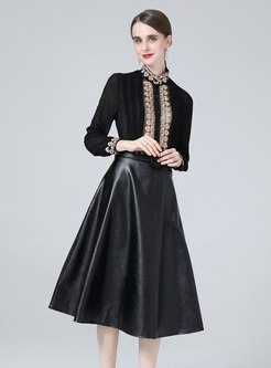Women's Long Sleeve Blouse & PU A-line Skirt Suit