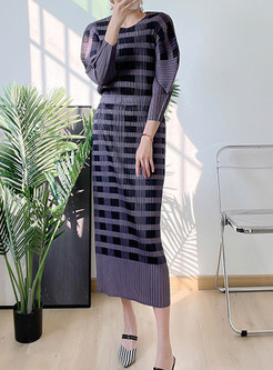 Long Sleeve Striped Crepe Skirt Suits