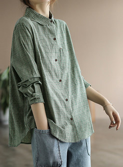 Retro Plaid Long Sleeve Linen Button-Front Shirts For Women