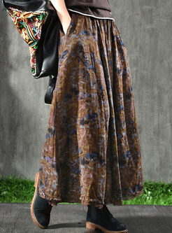Vintage Flower Decor Big Hem Cotton Long Skirts For Women