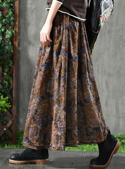 Vintage Flower Decor Big Hem Cotton Long Skirts For Women