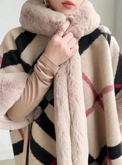 Women Rabbit Fur Collar Hooded Shawl Cloak