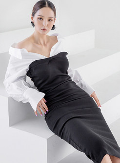 V-Neck Color Contrast Long Sleeve Corset Dresses