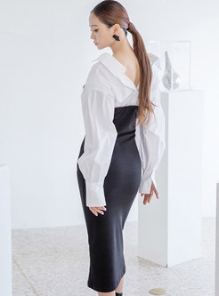 V-Neck Color Contrast Long Sleeve Corset Dresses