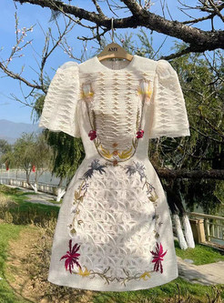 Puff Sleeve Embroidered Smocked Stylish Mini Dresses