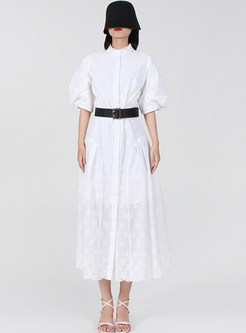 Single-Breasted Puff Sleeve Belted Buckle Boho Dresses
