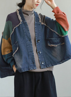 Women Color Patchwork Oversize Denim Jacket Coat
