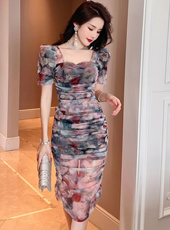 Square Neck Puff Sleeve Blurred Floral Crepe Corset Dresses