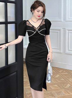 V-Neck Crystal-Embellished Sexy Bodycon Little Black Dresses