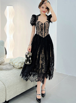 Square Neck Puff Sleeve Embroidered Maxi Lace Dresses