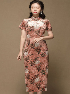 Mandarin Collar Print Velvet Sheath Cheongsam