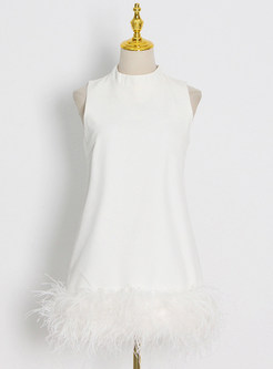 Fashion Mock Neck Sleeveless Feather-Trimmed Mini Dresses