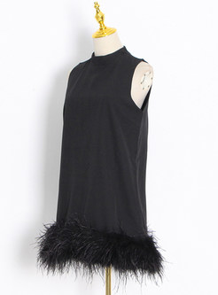 Fashion Mock Neck Sleeveless Feather-Trimmed Mini Dresses