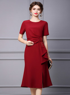 Minimalist Shirred Waist Solid Color Peplum Dresses