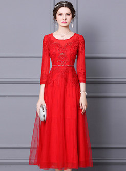 Crewneck 3/4 Sleeve Organza Embroidered Party Dresses