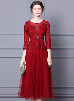 Crewneck 3/4 Sleeve Organza Embroidered Party Dresses